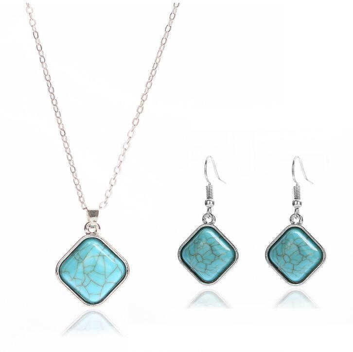 

women's Square beads Tibetan silver turquoise earrings necklace set GSTQS023 fashion gift national style women DIY jewelry sets, As show
