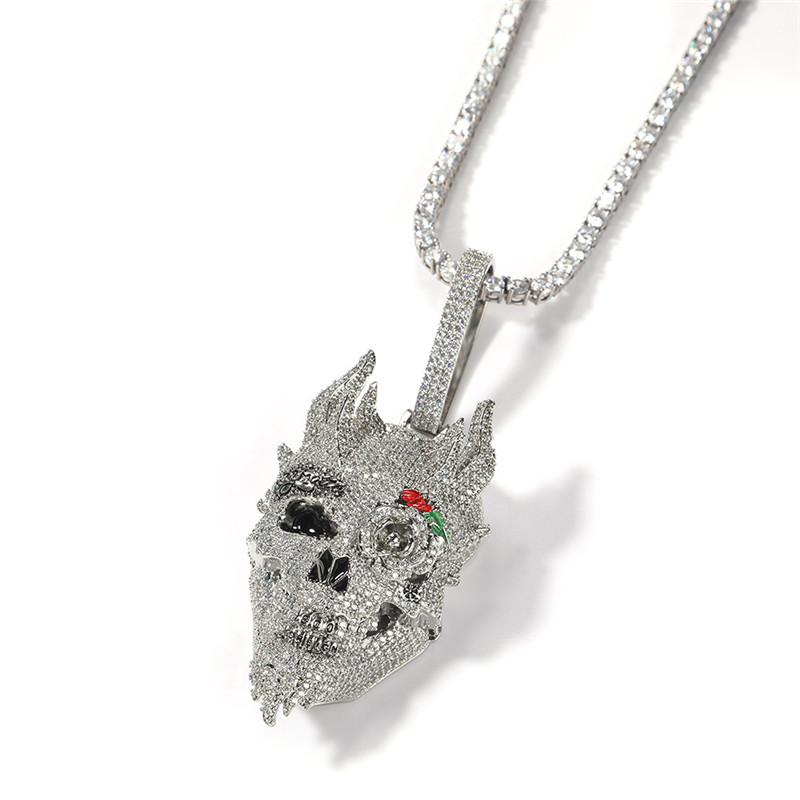 

Hip Hop Iced Out Skull Head Pendant Chian Necklace 18K Gold Plated Bling Lab Diamond Paved Rose Flower Eye Demon Necklaces