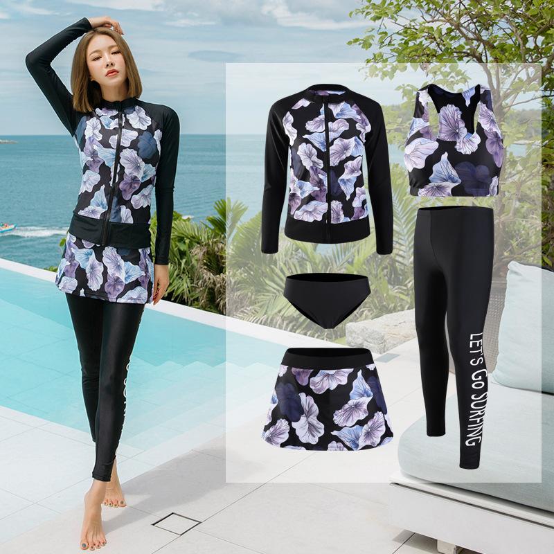 

Korean Style Rash Guard Swimwear For Women Surfing Bikini+shirt+pants Long Sleeve UV Rashguard Front Zipper Wetsuits Diving Suit One-Piece S
