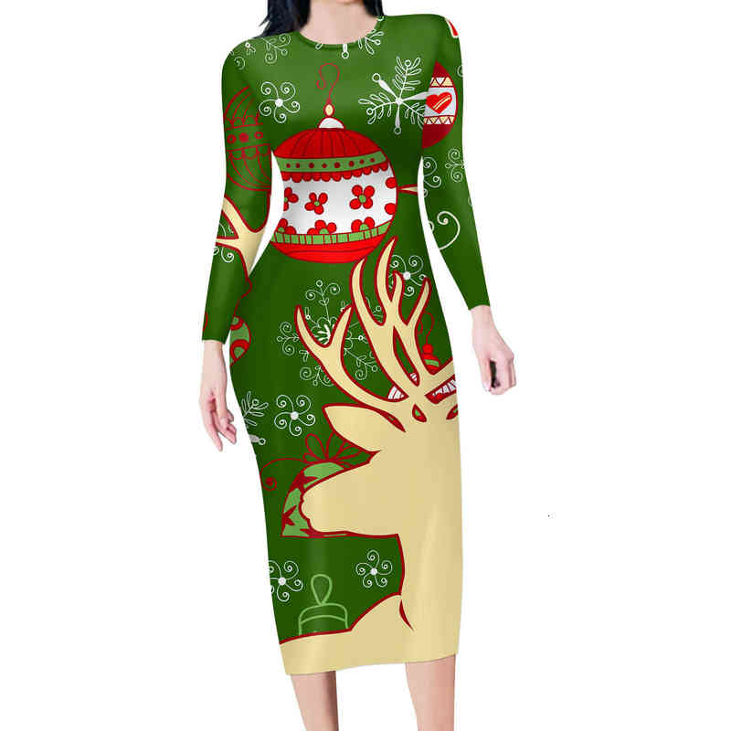 Women's Casual Dresses Autumn and winter temperament round neck green fashion one-step Christmas elk print celebration Dresses-image-751367730
