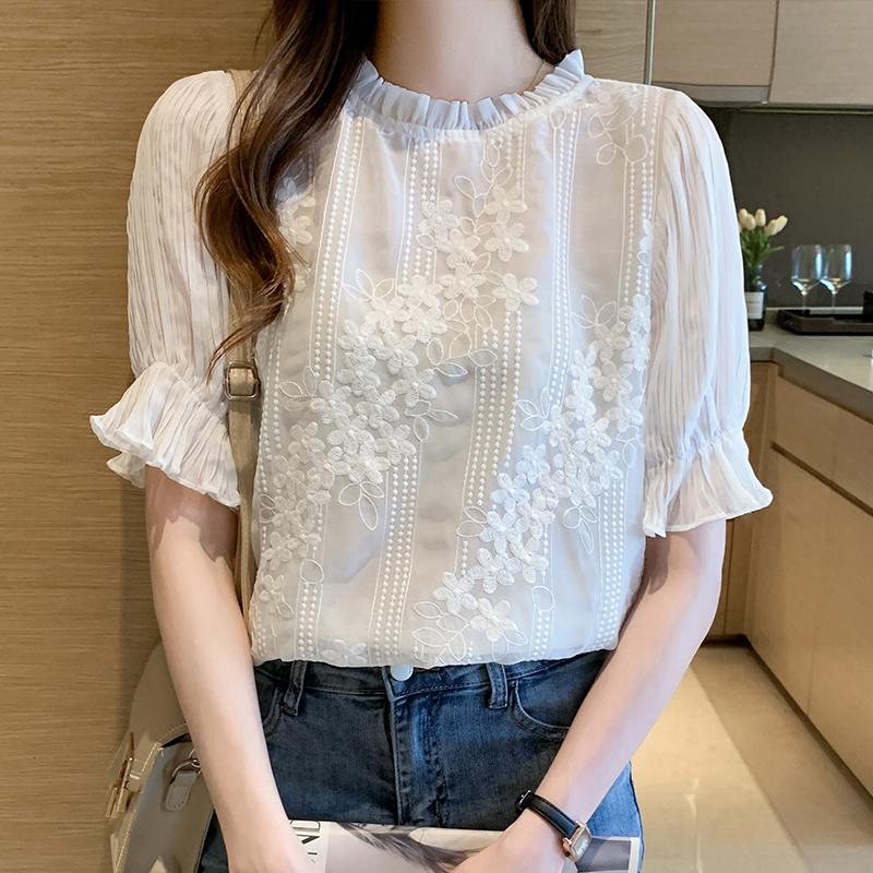 

Women' Blouses & Shirts White Chiffon Shirt 2021 Summer Puff Sleeve Top Lace Female Short Ruffles Collar Flare Blouse Sweet