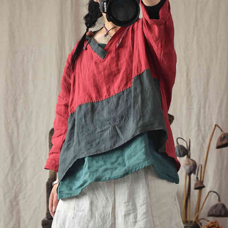 

Johnature Women Vintage Patchwork Full Sleeve T-Shirts Cotton Linen Summer Tops V-Neck Female Loose Pockets T-Shirts 210521, Red