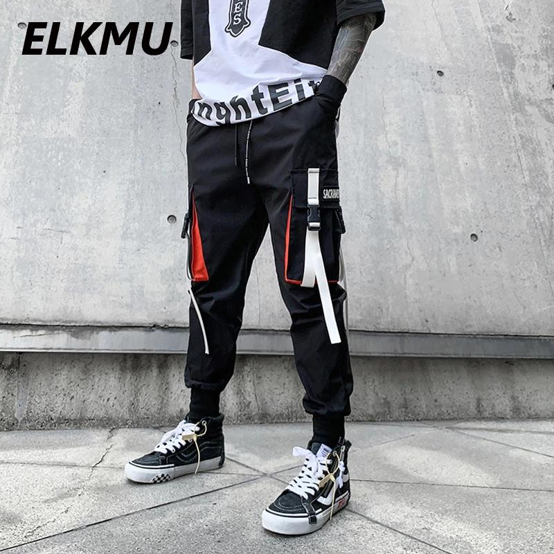 

Streetwear Men Tactics Cargo Pants Fashion Joggers Harajuku Pocket Ribbon Trousers Harem Pencil Male HE980 Men's, Black