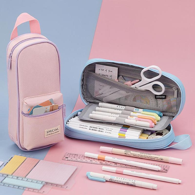 

Storage Bags Creative Backpack Pen Bag Pencil Case Two Layer Foldable Stand Fabric Phone Holder Pouch For Stationery Office School