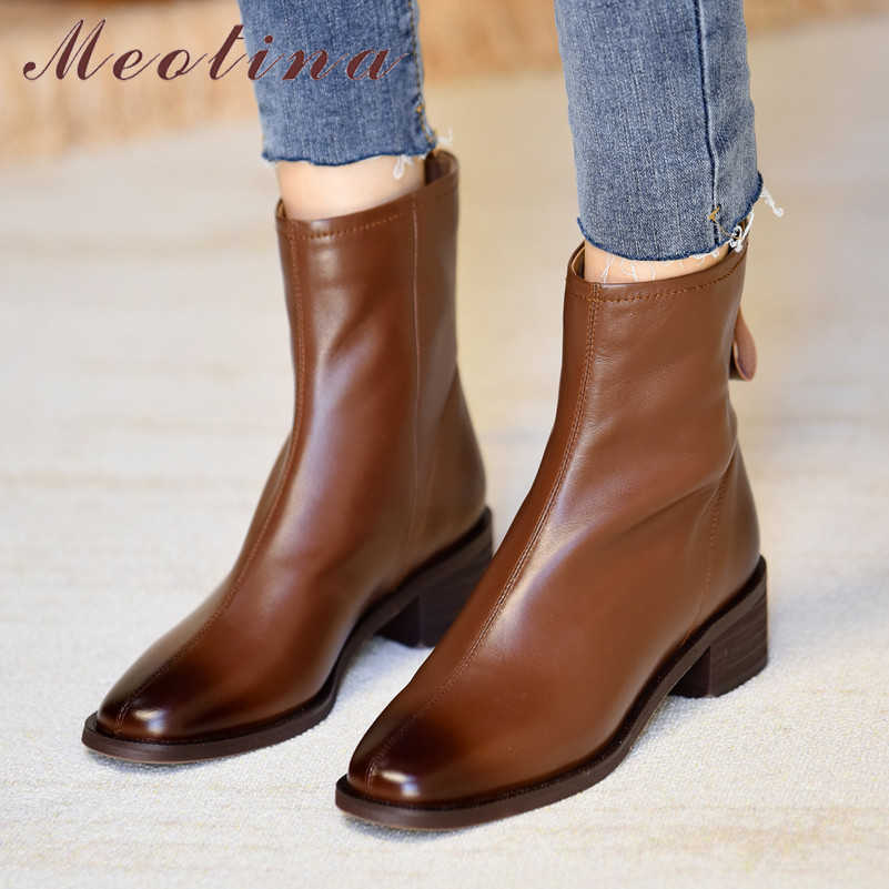 

Meotina Ankle Boots Women Shoes Genuine Leather Mid Heel Short Boots Round Toe Zipper Block Heels Lady Boots Autumn Black Brown 210608