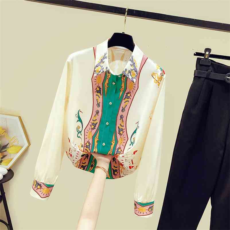 

Luxury Quality Shirts Autumn Fashion Women's Turn Down Collar Long Sleevese Print Shirt Tops Ladies Blouses A3808 210519, Beige