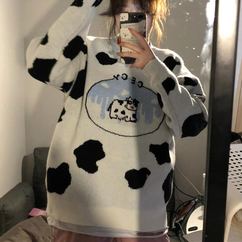 

Women's Sweaters Soft Waxy Cute Girl Cow Loose Round Neck Pullover Sweater Autumn And Winter Aging Long Sleeve Female, Pink cattle