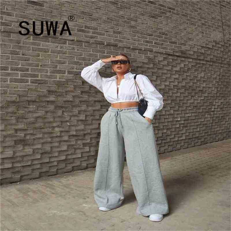 

Recommend Style High Waist Pants Trousers For Women Wholesale Clothes Casual Loose Wide Leg Straight Mopping 210525, Gray