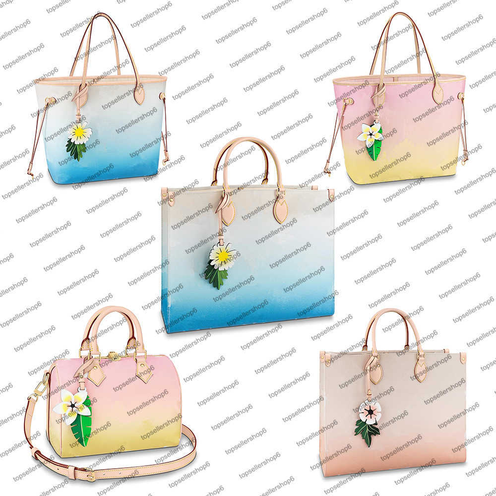 

M57639 Designer top end Women shopping Bag gradient Giant canvas flower accessorized cowhide colorful leather ONTHEGO Handbag Purse Tote, 8 m57640 mist/big letter flower print