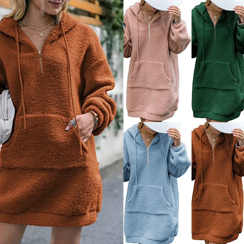

2021 Amazon autumn/winter new European and American loose lambswool pocket hooded long sleeve sweater cashmere sweater, Black