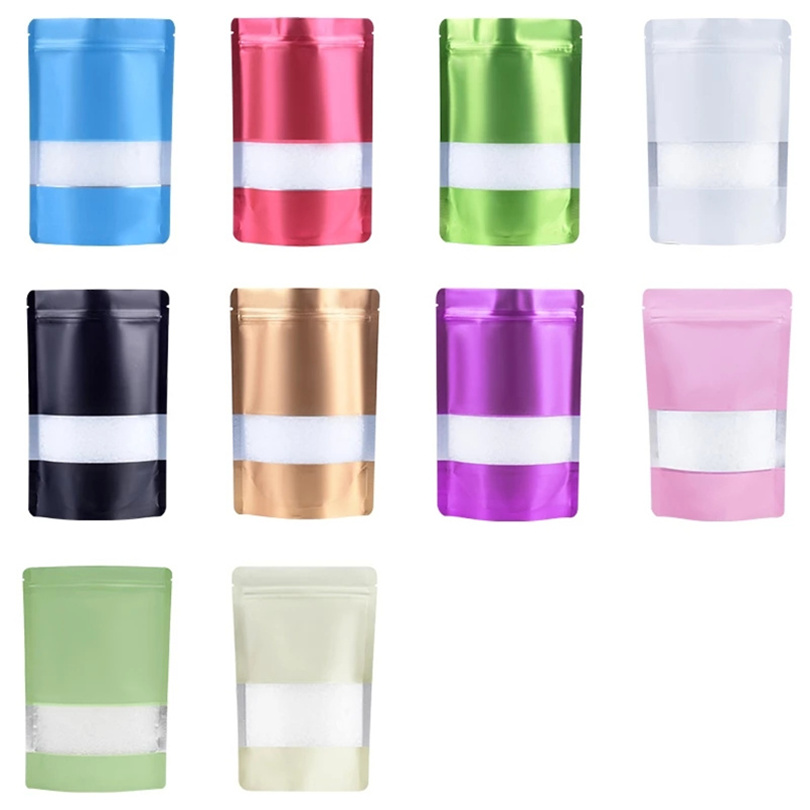 

100pcs Resealable Stand Up Aluminum Foil Packaging Bag with Window for Zip Self Seal Food Storage Zipper Package Pouch Sealing