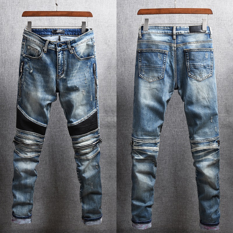 

Korean Style Slim-fit Motorcycle Jeans European and American High Street Fashion Men's Stitching Personality Design Zipper Trousers, Blue