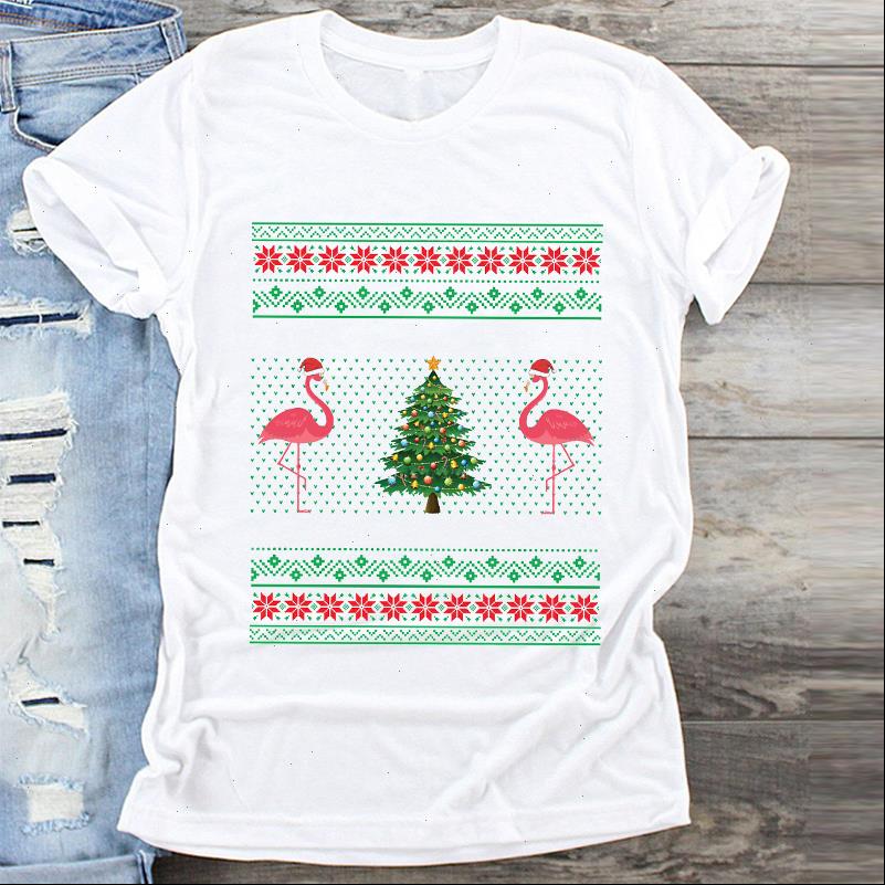 

Women T Shirts Cartoon Flamingo Animal Winter Time Merry Christmas Print Clothes Graphic Top Shirt Ladies Female Tshirts Tee, White