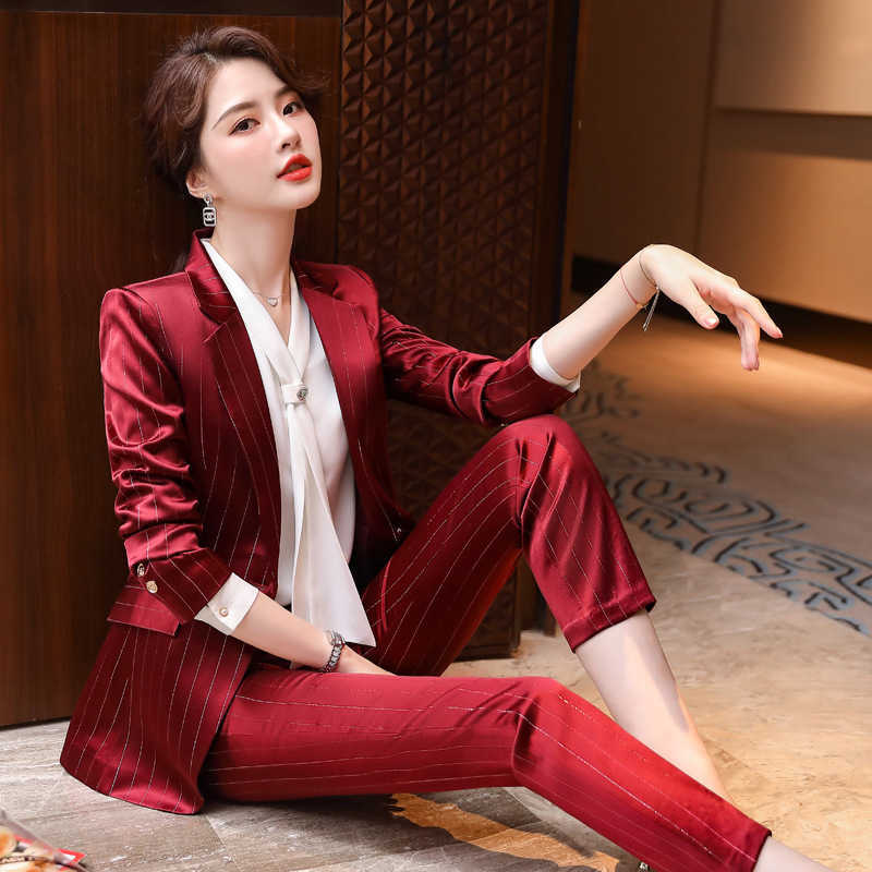 

High Quality Professional Suit Pants Women's Office Suits Autumn and Winter Slim Striped Ladies Jacket Trousers Two-piece 210527, Blazer pants b