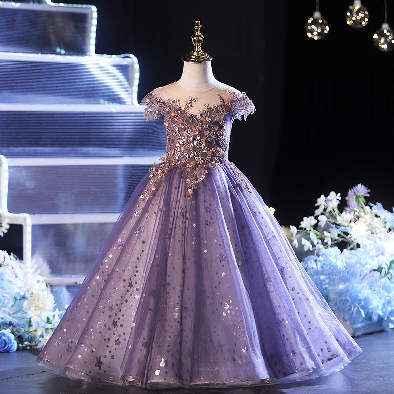 

Girl's Dresses Purple Cute Sleeveless Flower Girls Fashion Appliques Sequins Wedding Party Birthday Children's Dress Long Comunion Gown