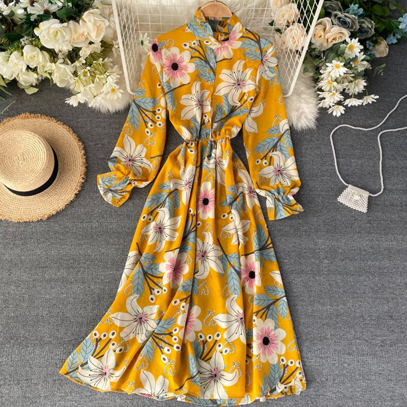 

20212021 vintage floral print stand collar chiffon dress spring summer midi long party women elastic waist vestido elegant dress, Black;gray