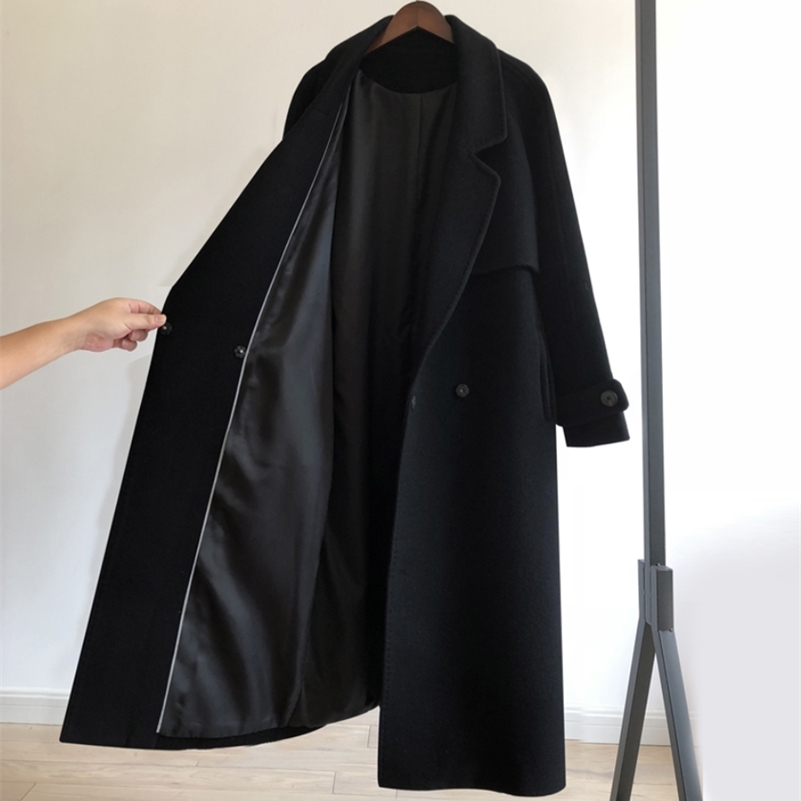 

plus size 3XL!Winter women wool jacket fashion medium long loose woolen coat black slim long-sleeved outerwear 211018