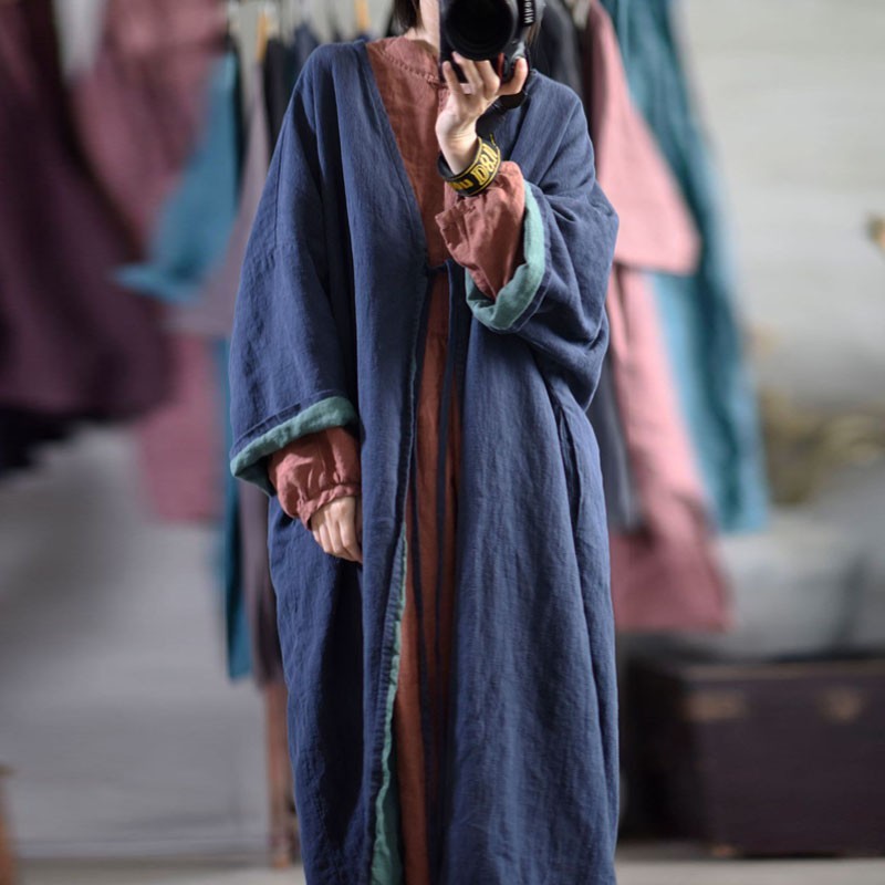 

Johnature Autumn Winter Loose Plus Size Women Lace Up Cardigan Windbreaker Cotton Linen Comfortable All-match Long Coat 210521, Blue