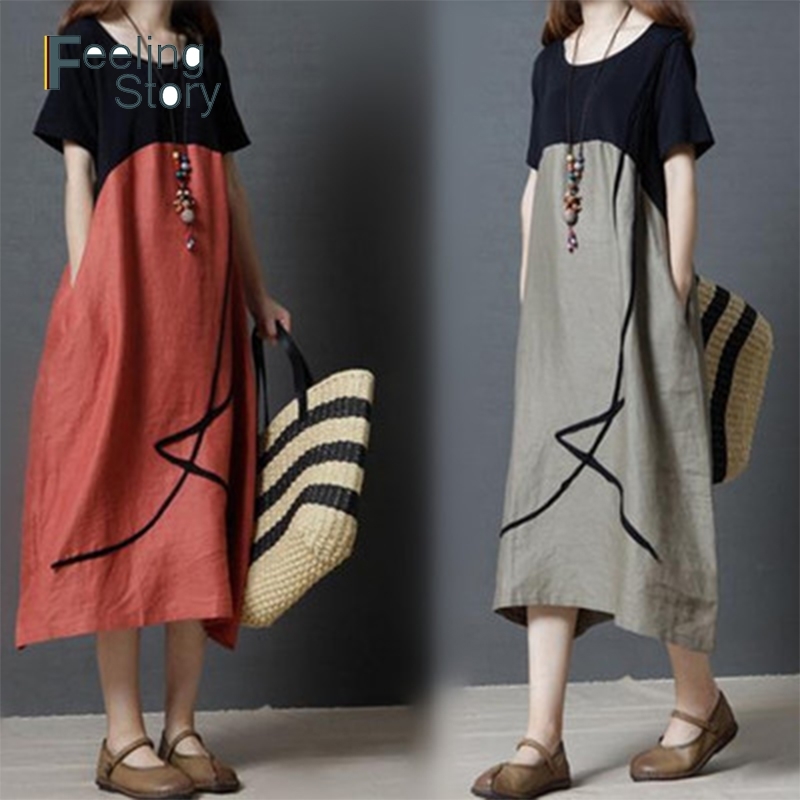 

Art Fan Dress Cotton Linen Women es Summer Loose Long Plus Size Short Sleeve Maxi Clothing Womens 210603, Coffee