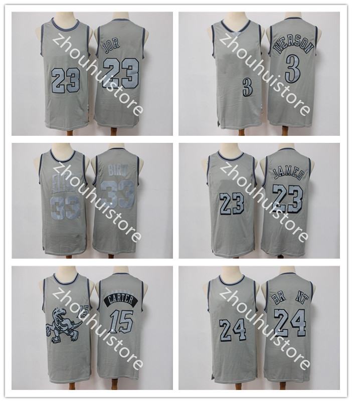 Michael T shirt Basketball 24 Vince 15 Carter LeBron 23 6 James Jerseys Los Mens Angeles BRYANT Allen 3 Iverson 33Larry Bird Grey vintage limited