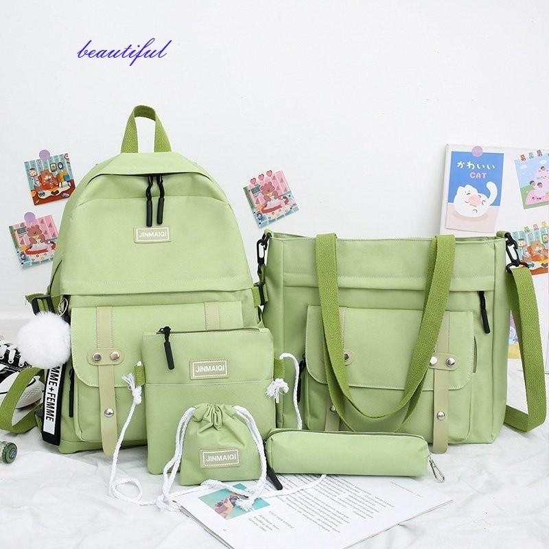 

School Bags 5 Pcs Sets Canvas Schoolbags For Teenage Girls Women Backpacks Laptop Keychain Travel Bagpack Mochila Escolar