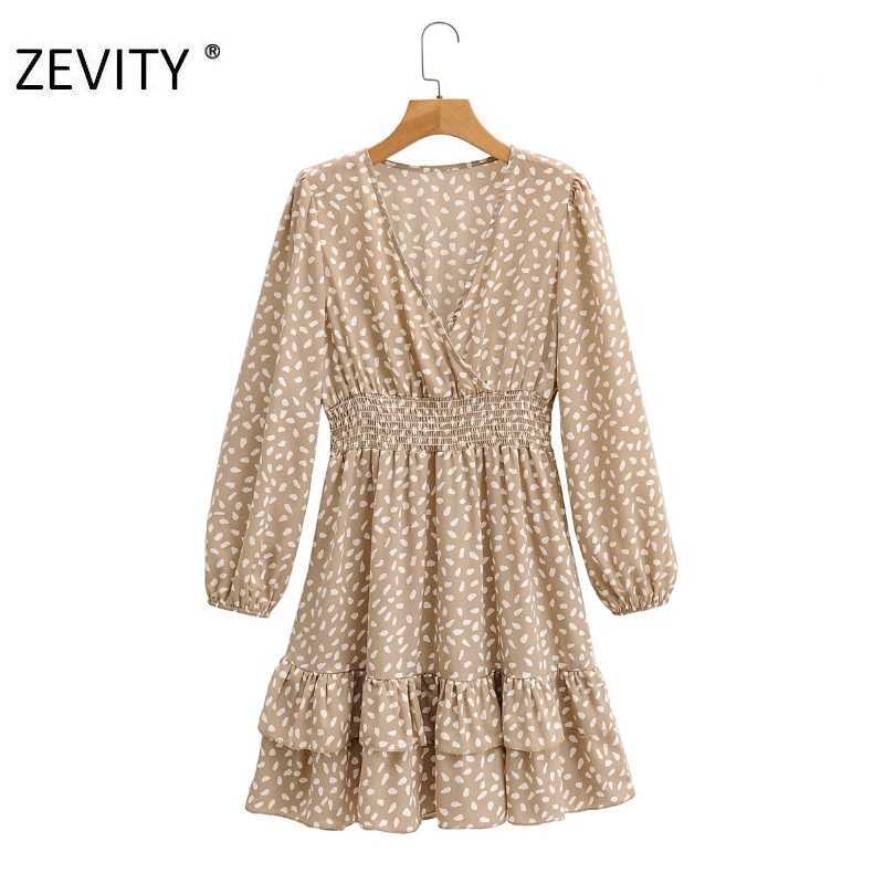 

Zevity women vintage v neck dots print pleat ruffles mini dress chic female long sleeve elastic waist casual slim dresses DS4388 210603, As pic ds4388ff