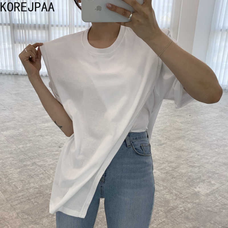 

Korejpaa Women T-Shirt Summer Korean Chic Simple Versatile Round Neck Loose Casual Design Irregular Split Short Sleeve Top 210526, Khaki