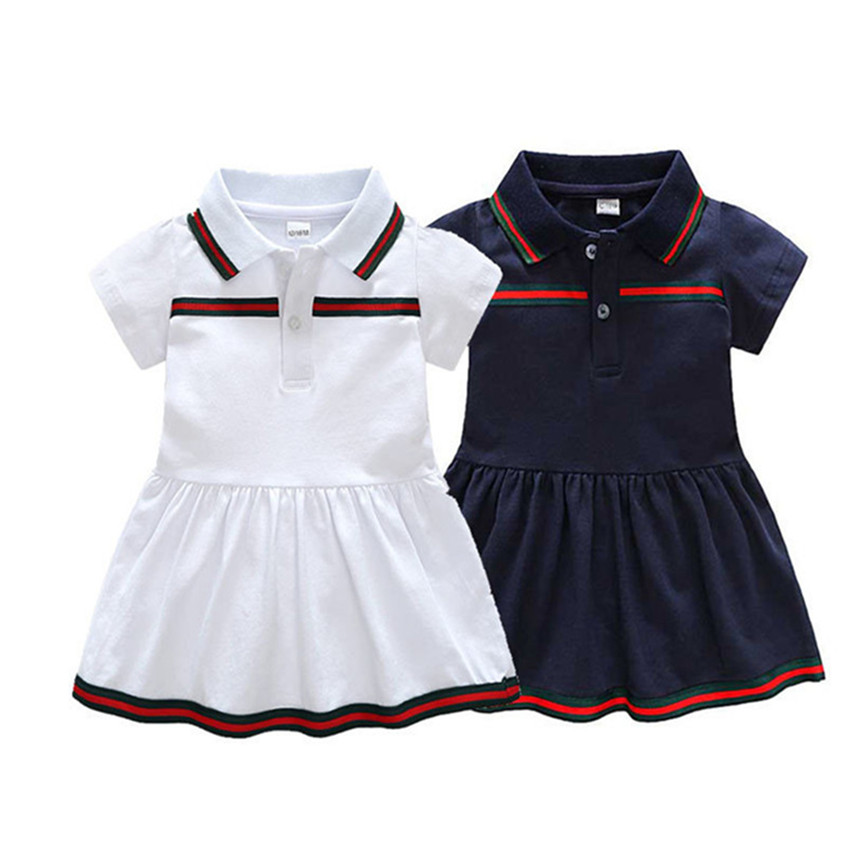 

Baby Girls Striped Dresses Kids Short Sleeve Dress Children Solid Summer Clothes Girl Embroidery Dress For 6M-24M, White