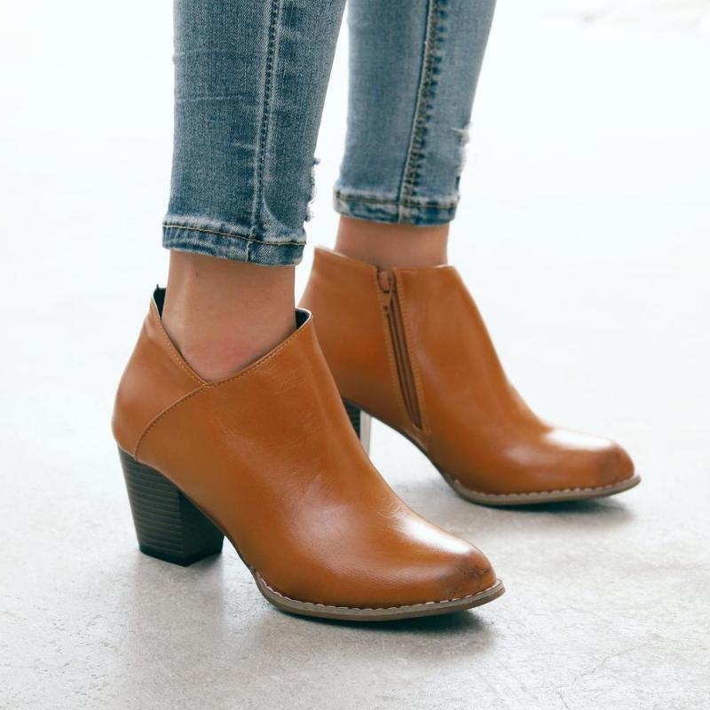 

Dress Shoes Women Boots Fashion Pointed Toe Side Zipper Mid Chunky Block Heel Ankle Short For Buckle Ladies, Brown