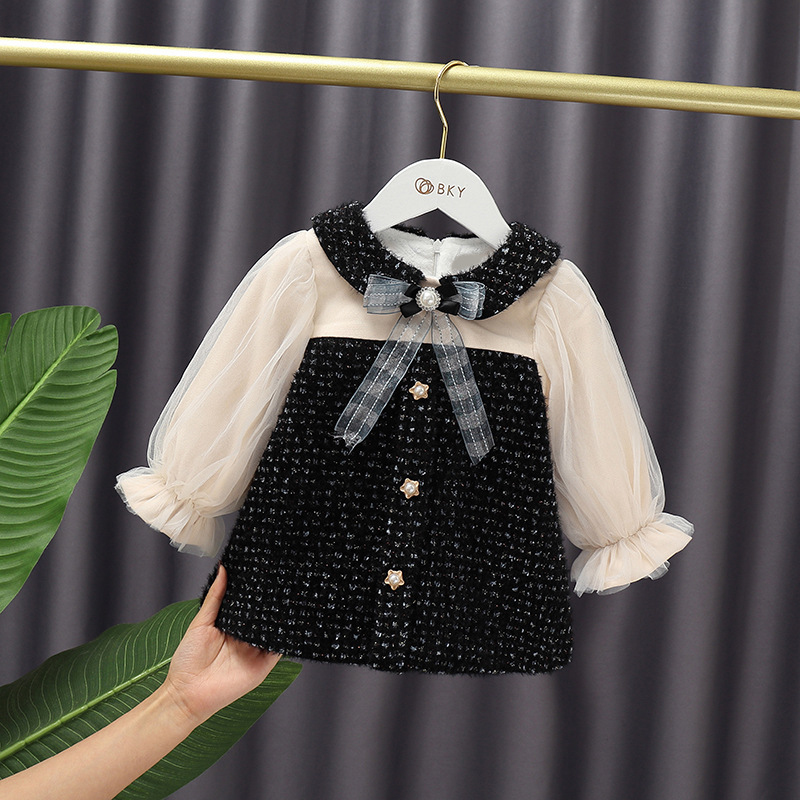 

Baby Girls plaid dresses toddler kids Bow gauze puff sleeve thicken princess dress winter children velvet clothes A7858, Black