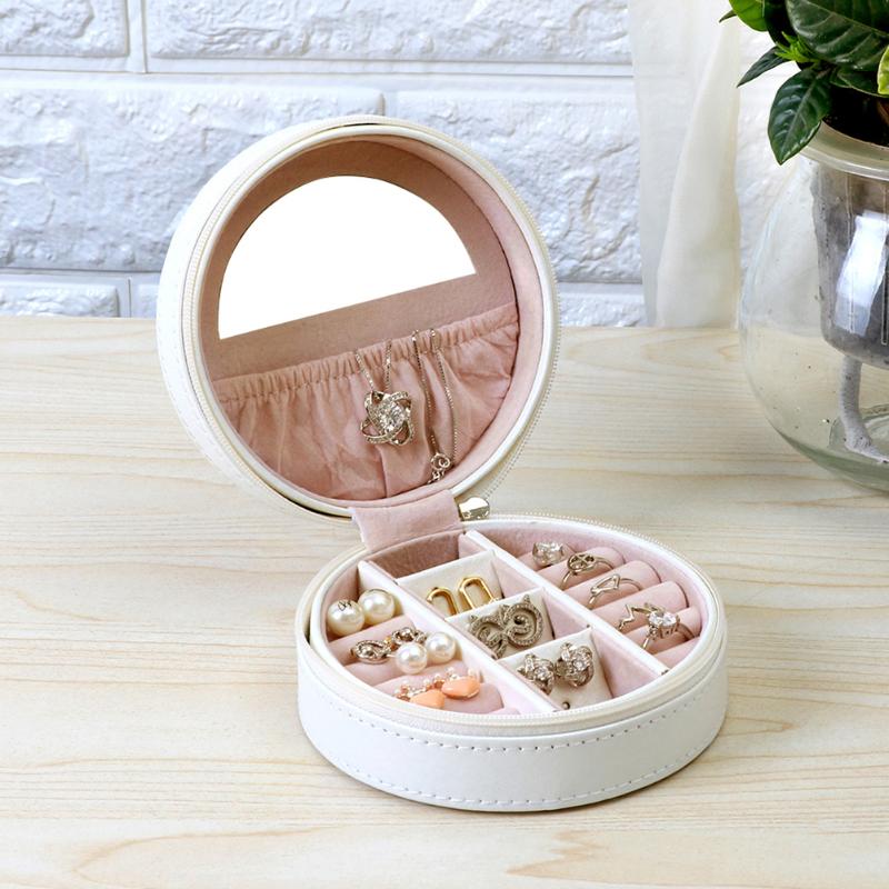 

Jewelry Pouches, Bags Round Shaped Ring Box PU Leather Engagement Necklace Bracelet Earrings Case Holder Container Organizer