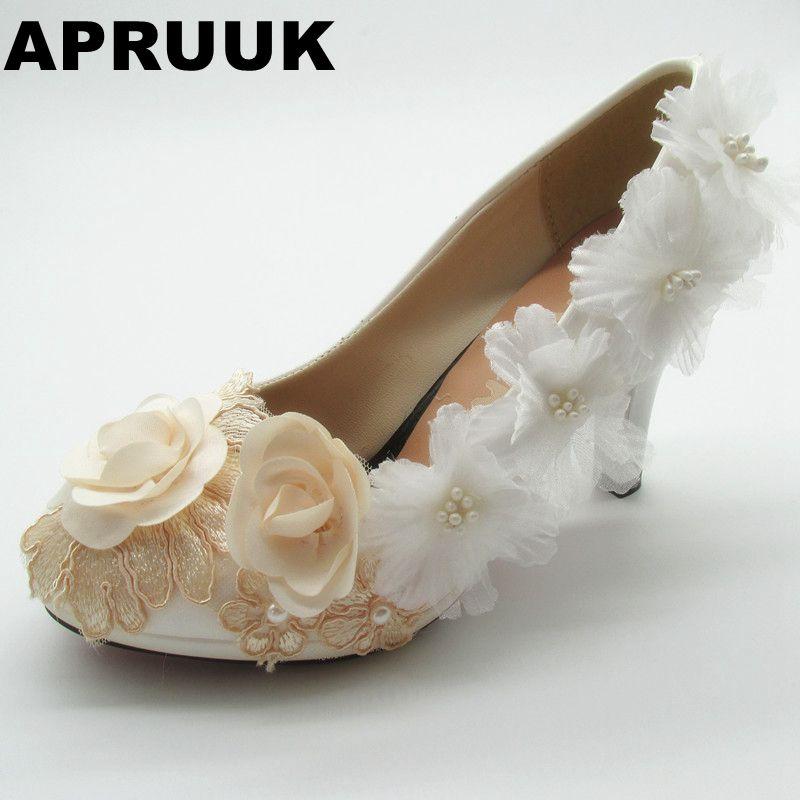 

High Heels Fashion Spring Summer Wedding Shoes Women Champagne White Flower Patchwork Women's Party Bridal Dress, Black
