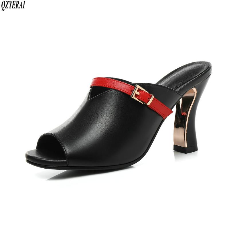 

Slippers European Summer Genuine Leather Women's 8cm Metal Heel Fish-toe Sandals Sexy Party And Wedding Shoes Size 34-40, Black