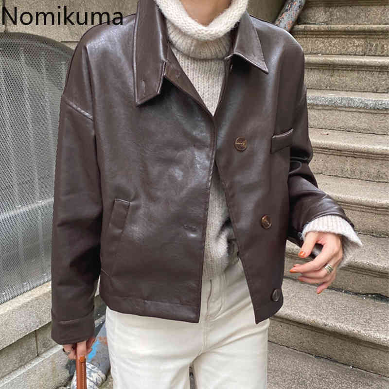 Nomikuma Autumn Short PU Jacket Causal Long Sleeve Turn-down Collar Women Leather Coat Vintage Cool Outerwear 6D121 210427