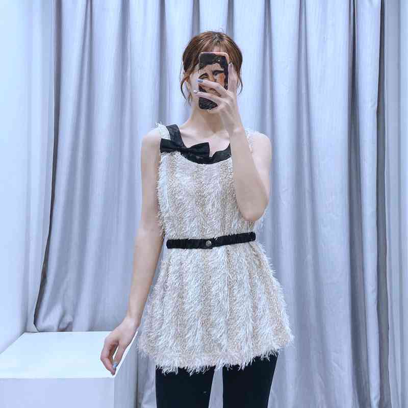 

Summer Cami Shirt Sleeveless Bow Tops Women Patchwork Tassel XZ2542 210525, Khaki