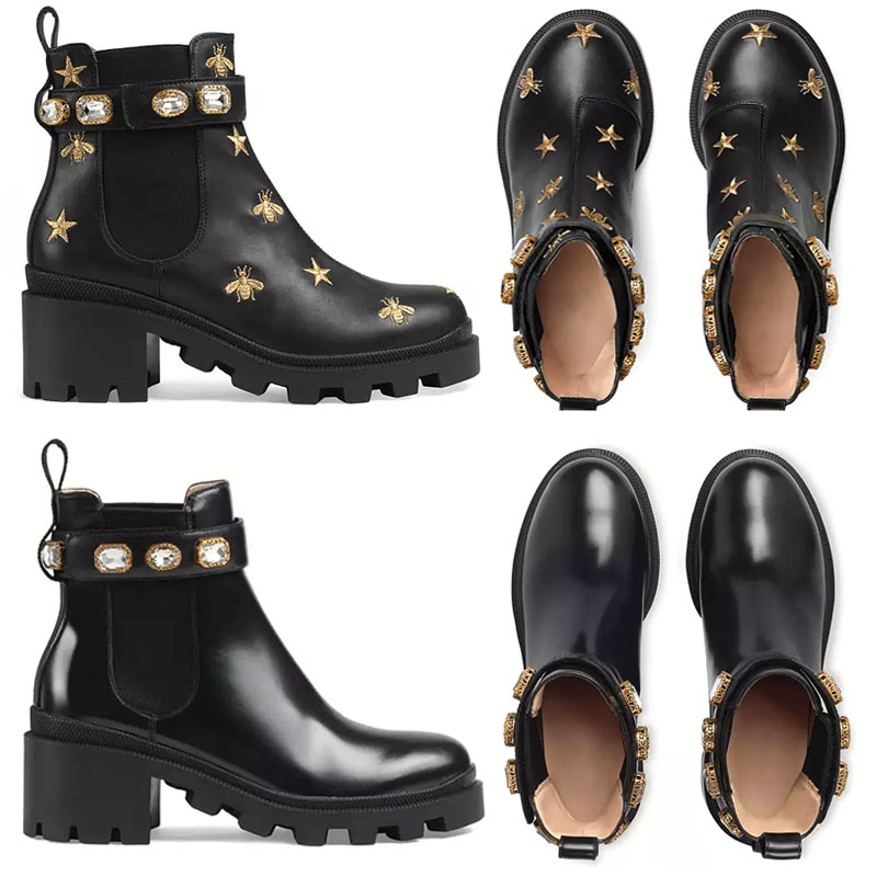 

2021 Women Designer Boots Desert Boot Flamingos Love Arrow 100% Real Leather Medal Coarse Non-Slip Winter Shoes Size EU35-41, Black