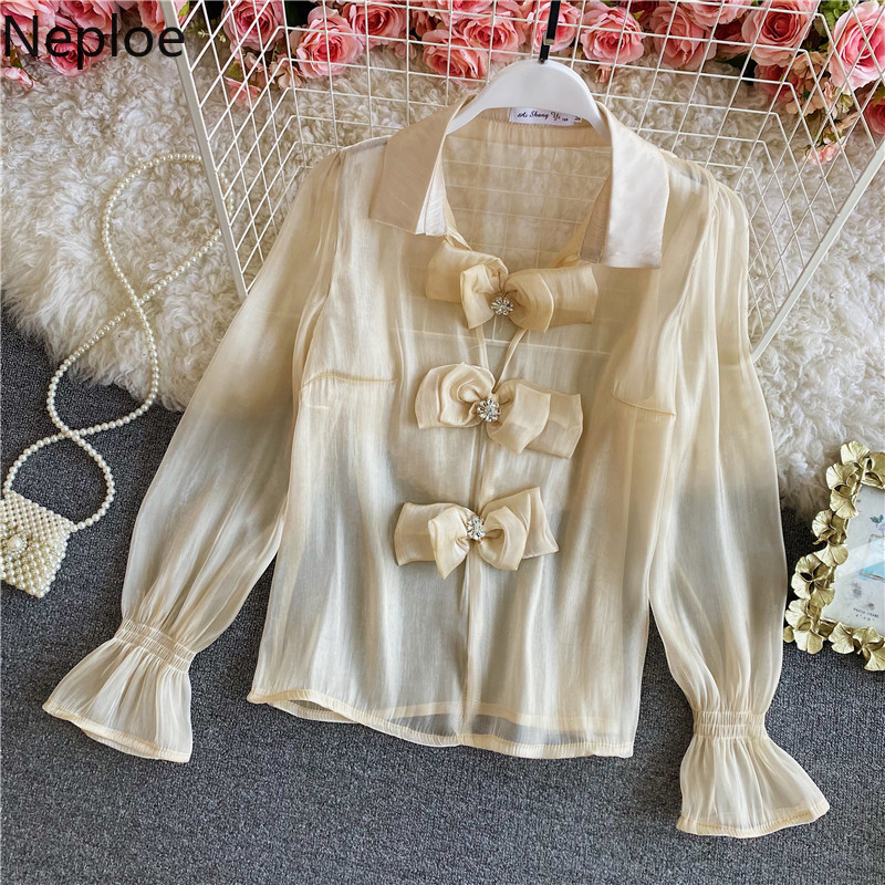 Neploe Women's Blouse Turn Down Collar Elegant Tops Sweet Bowknot Button See Through Blouses Loose Flare Sleeve Shirts Femme 210422