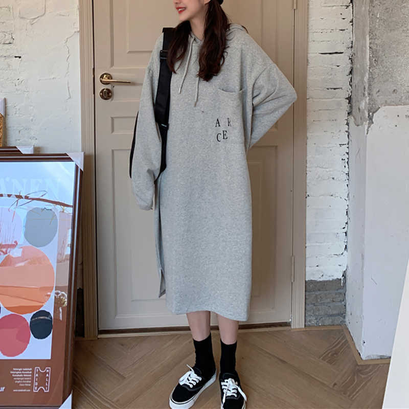 

Casual Loose Women Dress Fashion Letter Long Sleeve Spring Autumn Sweatshirt Hoodie Dress With Pocket W169 210526, Gray