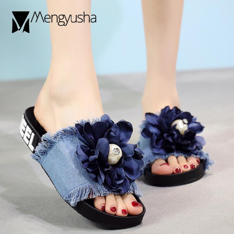 

Summer Cool Anti-skid Thick Bottom Slippers Girls Sweet Big Flower Tassel Flat Flip Flops Beach Sandalias Woman Slip On Shoes, Black