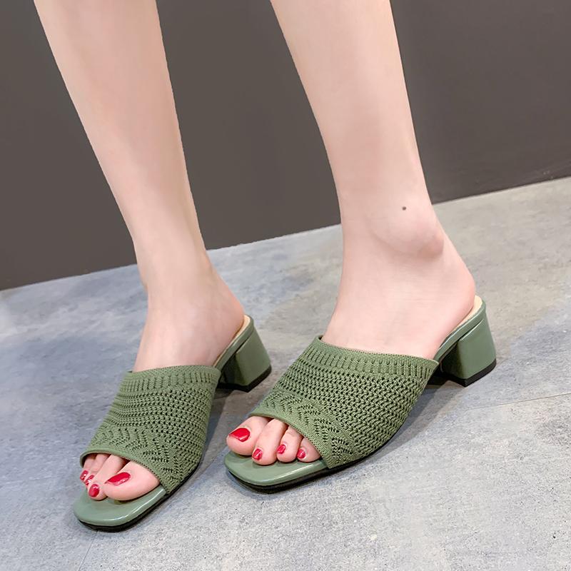 

Sandals 2021 Large Size Summer Women Shoes Mules Slides Peep Toe Square High Heels Female Shoe Casual Heel, Black