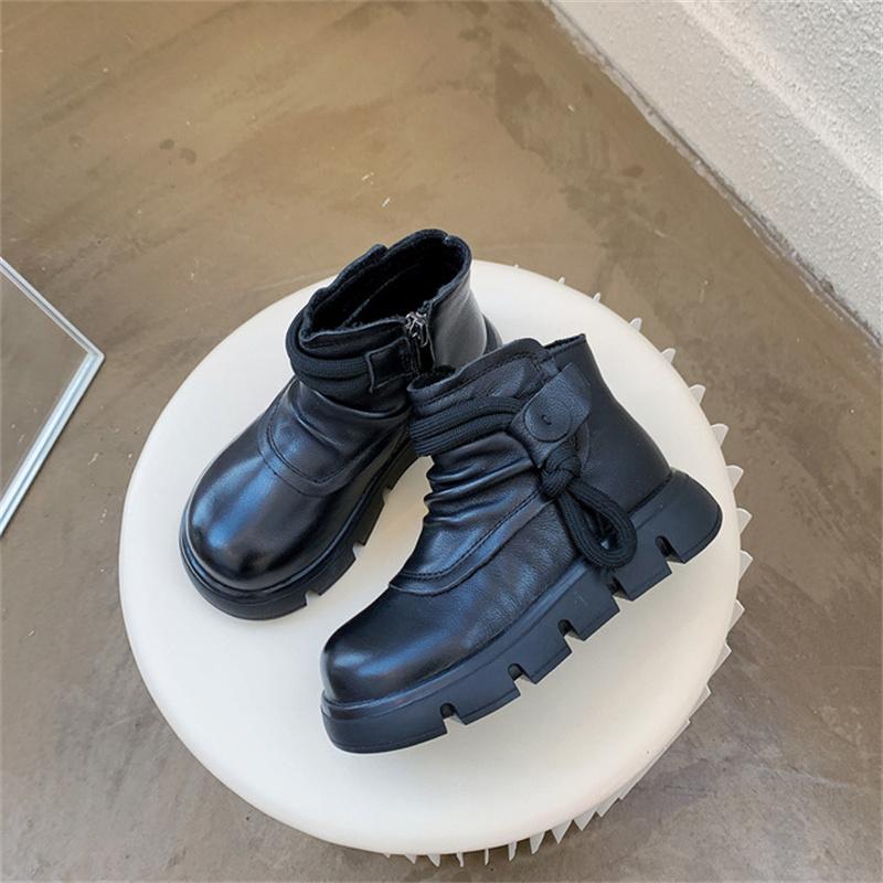 

Boots Genuine Leather Kids 2021 Autumn Pleated Platform Children Waterproof Fashon Ankle Girls Boys 26-30, Black;grey