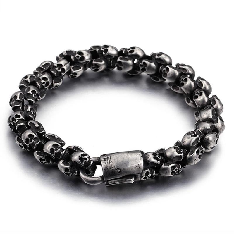 

Link, Chain Cool Punk Long Matte Skull Bracelets For Men Stainless Steel Brushed Charm Link Male Gothic Jewelry, Black
