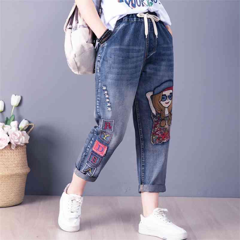 

Cartoon Gril Embroidery Jean Spring Fashion Elastic Letter Patchwork High Waist Denim Harem Pants Lady Casual Trousers 210629, 9166