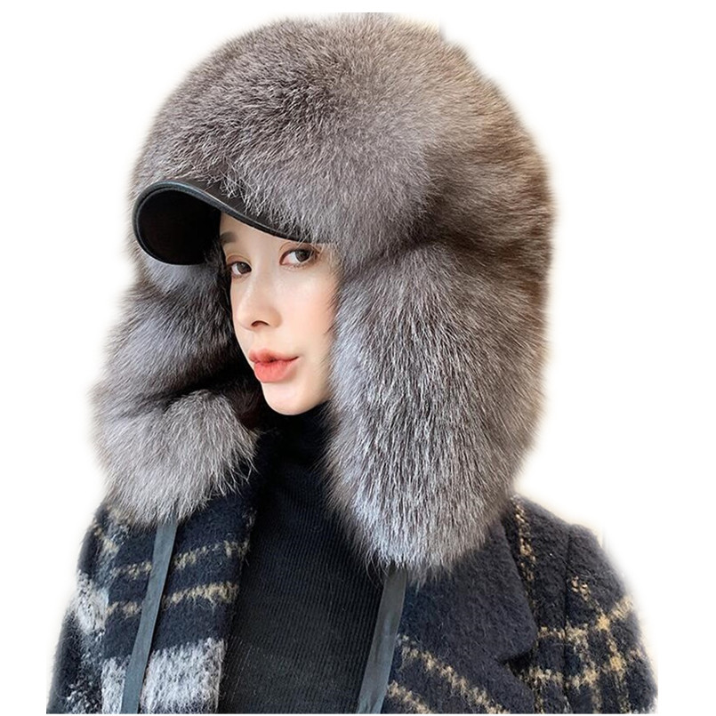 

Winter Mens 100% Genuine Silver Fox Fur Bomber Hat with Earflap Raccoon Fur Ushanka Cap Trapper Luxury Russian Woman Ski Cap, Black