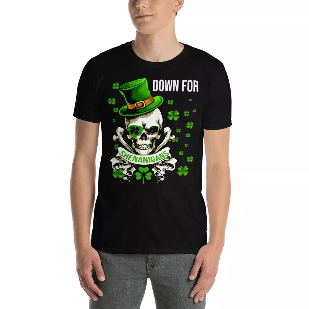

Down For Shenanigans Funny St Patrick's Day Shamrock Pirate Skull Lover T-Shirt, White;black