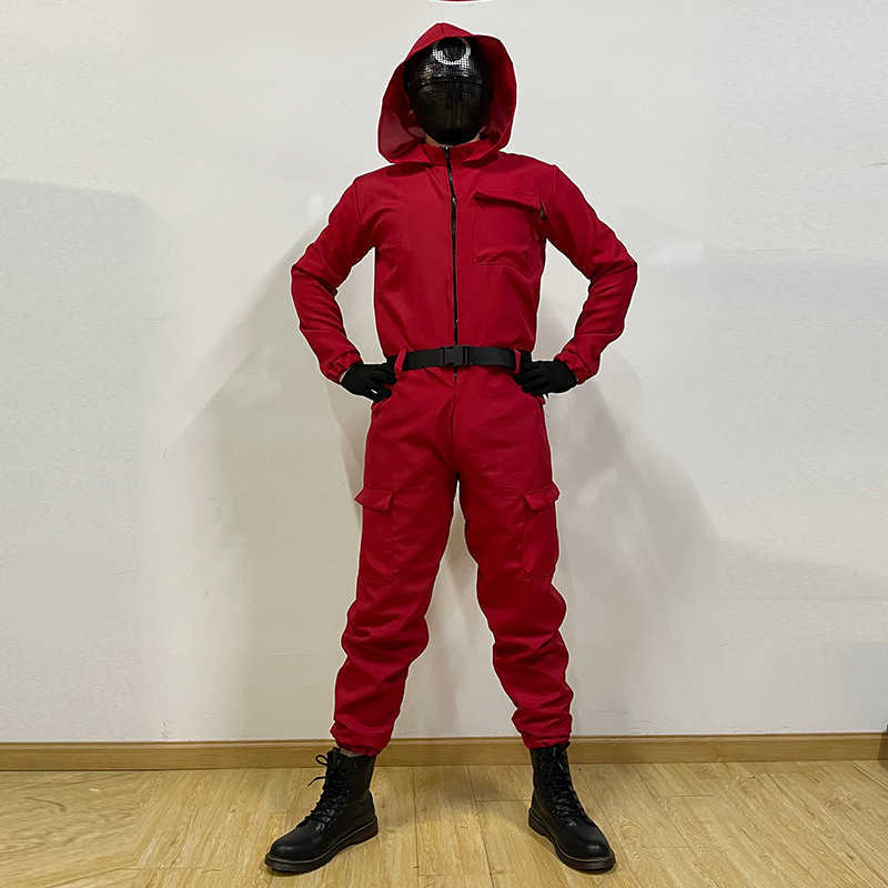 

Squid game Masked Red Jumpsuit S-XL cosplay costumes one piece bodysuit hooded rompers TV Korean drama peripheral clothes dress up playsuit with belt + gloves G08Y25R, Black mask