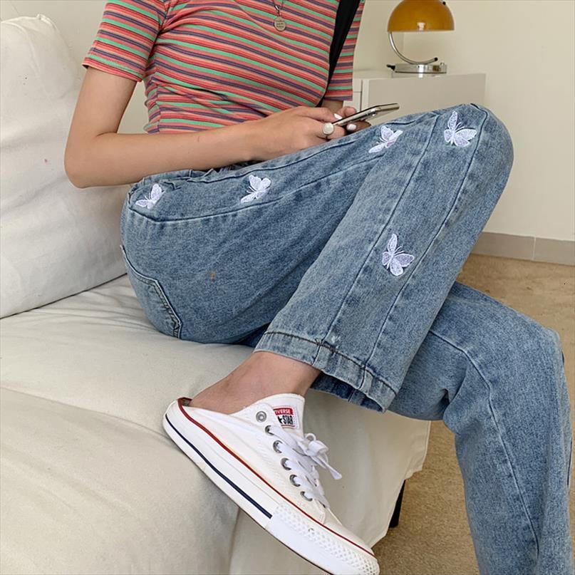 

blue baggy butterfly print aesthetic womens jeans denim pants fashion high waist straight long trousers ladies streetwear