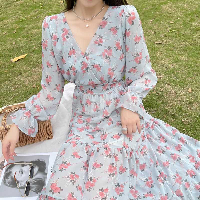

Women's Chiffon Dress Female Vintage Floral Printed Long Sleeve Spring Autumn V-Neck High Waist Slim Midi Vestidos 210526, Picture color
