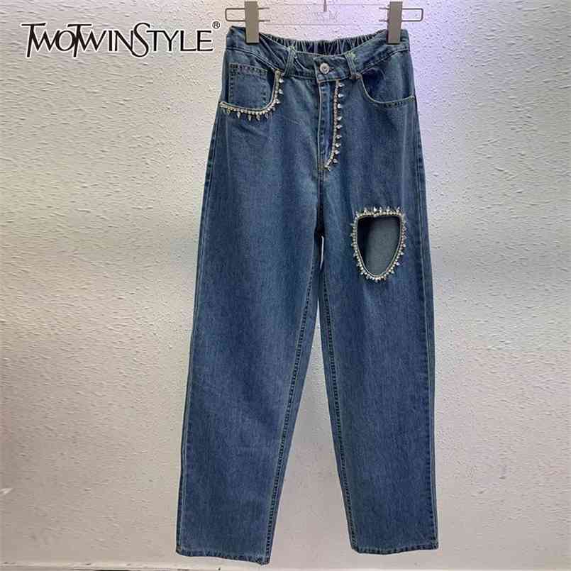 

Casual Solid Denim Pants For Women High Waist Patchwork Hollow Out Full Length Loose Jeans Female Summer Style 210521, Blue