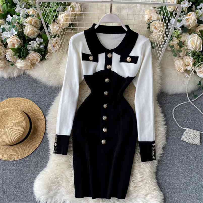 

Elegant Women Autumn Fashion Long Sleeve Mini Dress Black and White Patchwork Buttons Knit Elastic Runway Party Vestidos 210603